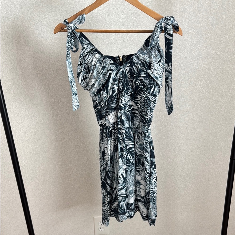 Agua Bendita Blue and White Ruffled Tie Front Mini Sundress